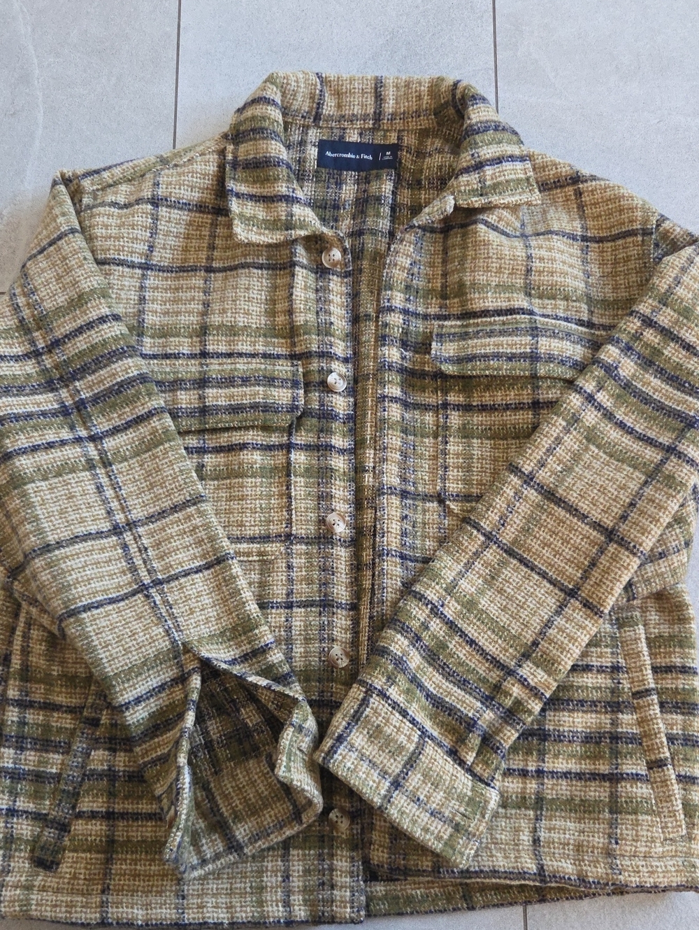 Abercrombie & Fitch Olive Plaid Bouclé Button-Down Shirt Jacket